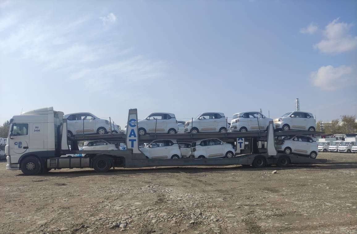 Автовоз компании на площадке: тягач DAF с легковыми автомобилями на двухуровневой установке
